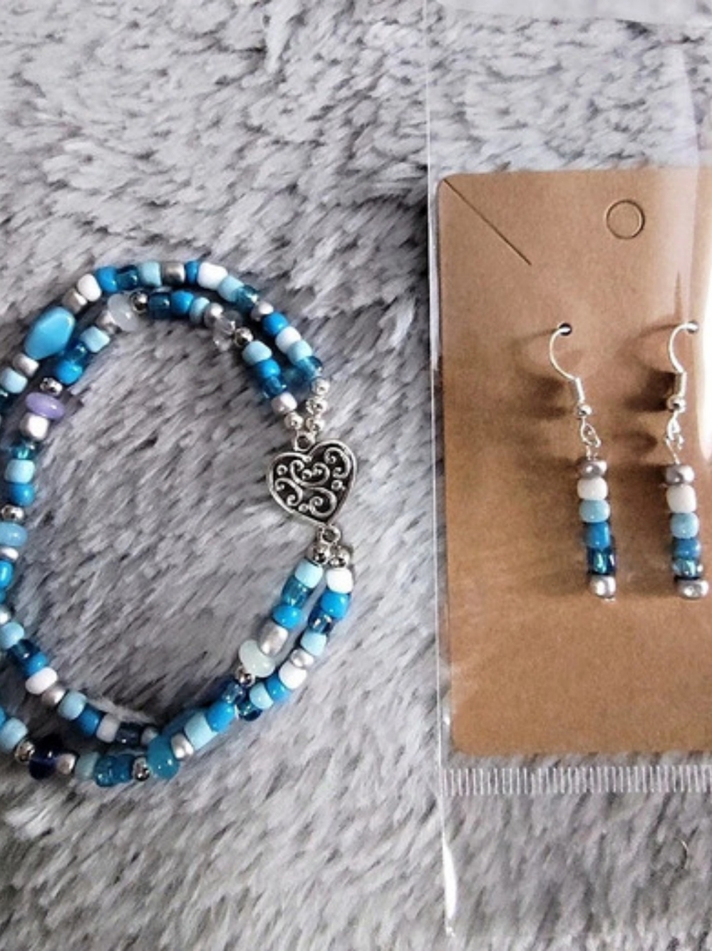 Blue & White Beaded Bracelet and Earrings